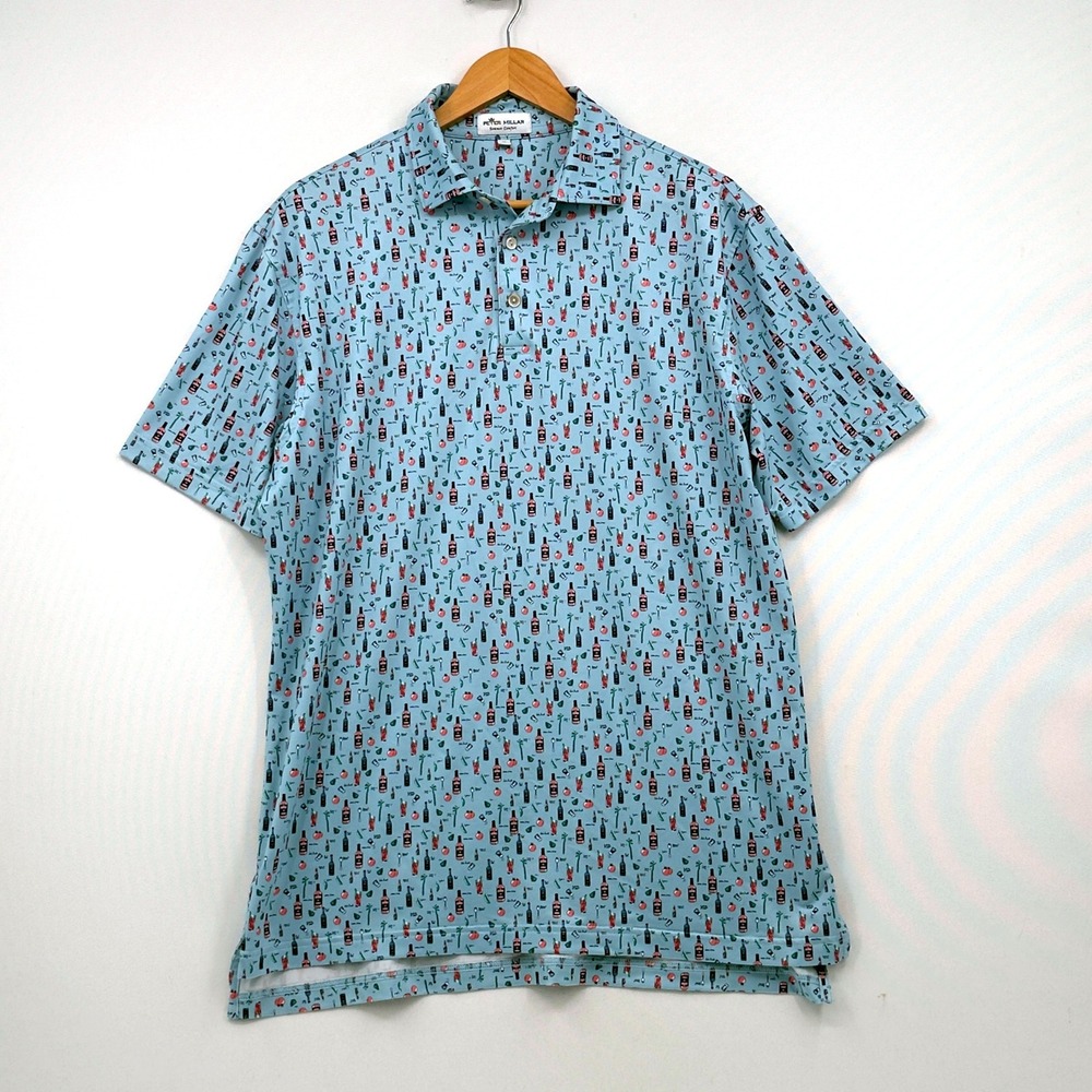 Peter Millar Polo Shirt Mens Medium Blue Bloody Mary Print Summer Comfort Golf